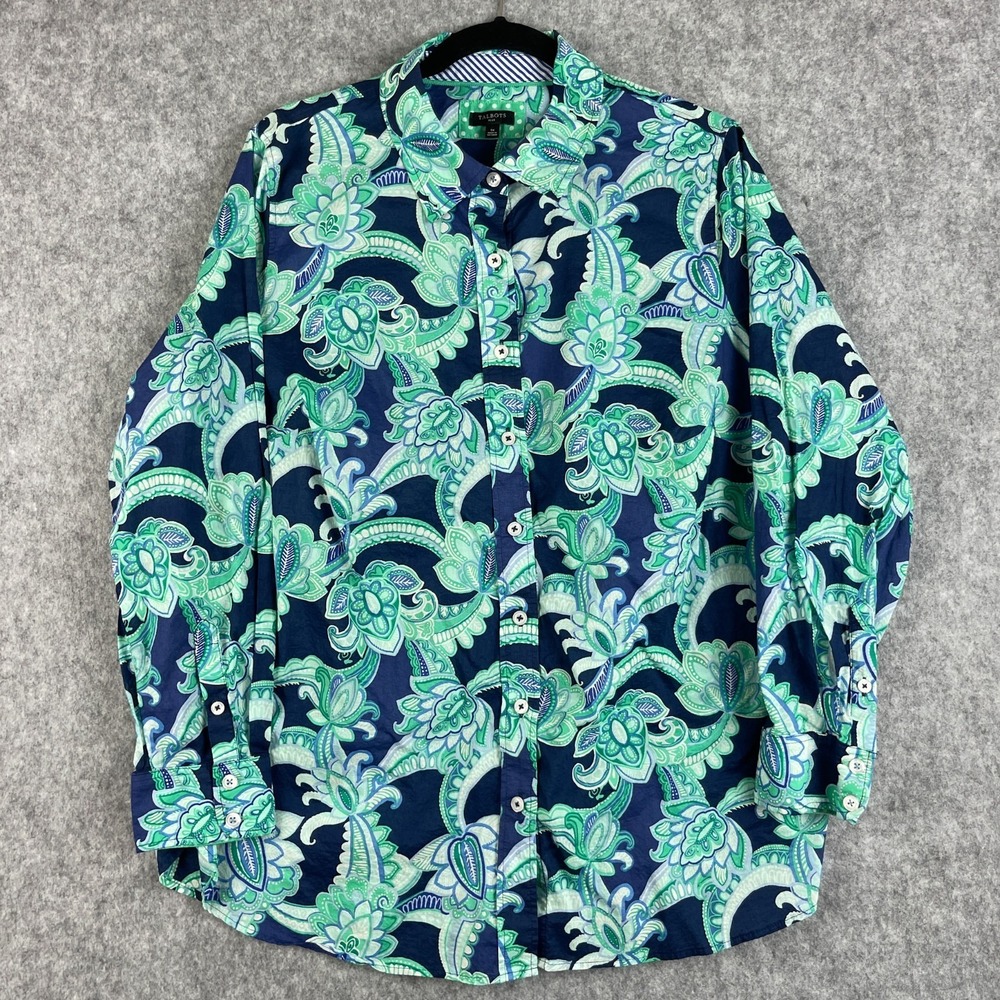 Talbots‎ Top Womens 1X Blue Paisley Button Up Long Sleeve Lightweight Coastal